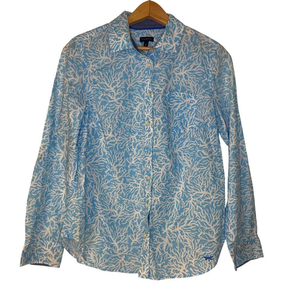 Talbots Long Sleeve Blue White Coral Button Up Cotton Shirt Size‎ Small Beach
